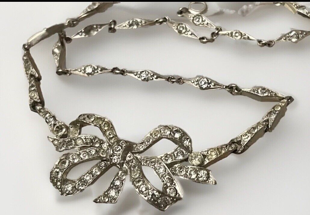 Vintage Trifari Necklace Early Clear Paste Rhinestone Bow Art Deco 1940 - Vintage Jewelry Collective