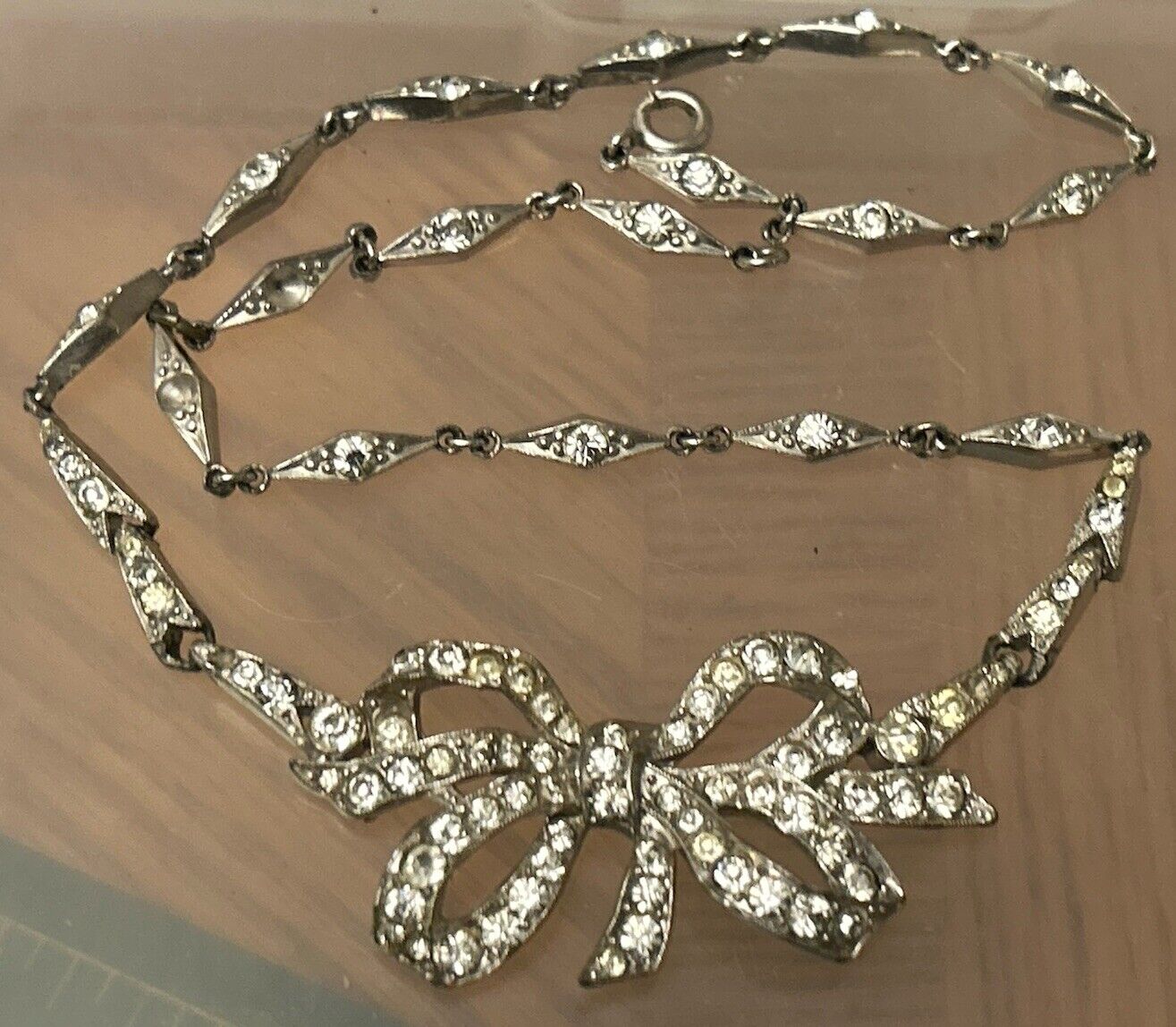 Vintage Trifari Necklace Early Clear Paste Rhinestone Bow Art Deco 1940 - Vintage Jewelry Collective