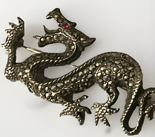 VTG Sterling Silver  Marcasite Dragon Brooch Pin Figural Ruby Eye - Vintage Jewelry Collective