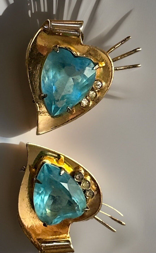 Vintage CORO STERLING Blue Glass Heart Rhinestone Earrings Vermeil Figural Love - Vintage Jewelry Collective