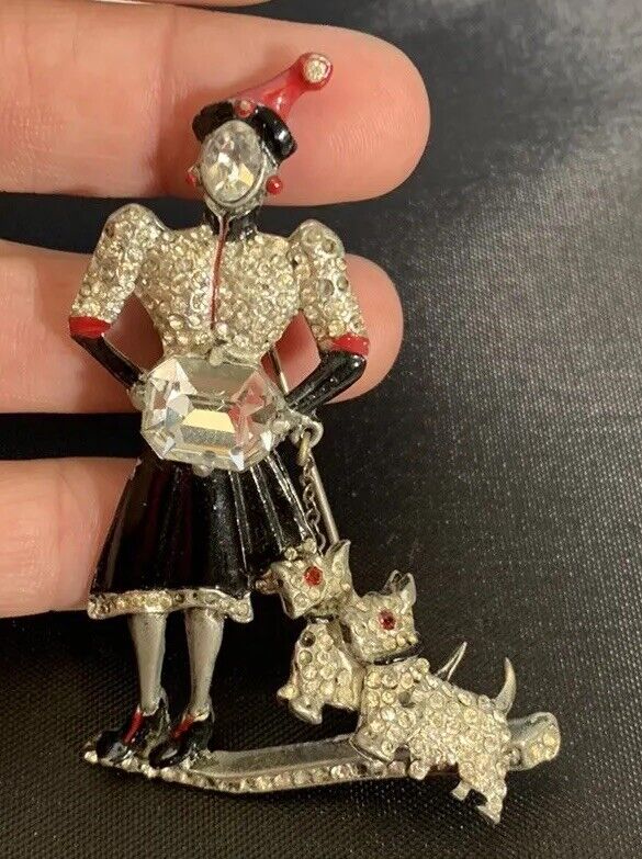 Vintage Staret Rhinestone Brooch Woman Walking Dogs Enamel Trembler Figural - Vintage Jewelry Collective