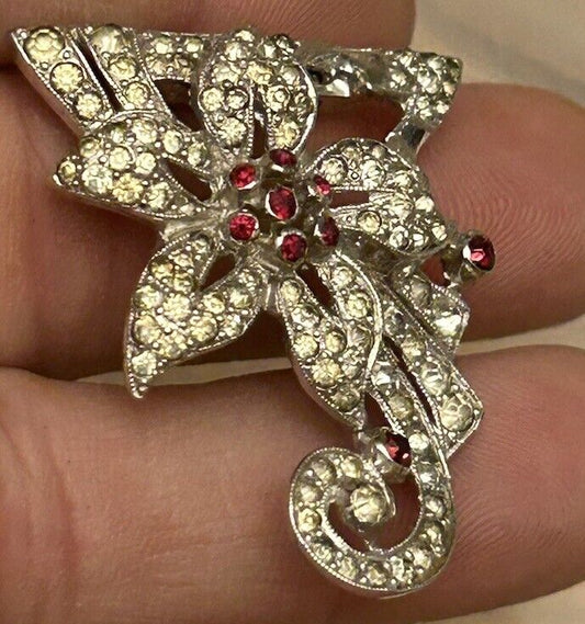 Vintage Trifari Red Rhinestone Flower Dress Fur Clip Brooch 1930s KTF - Vintage Jewelry Collective