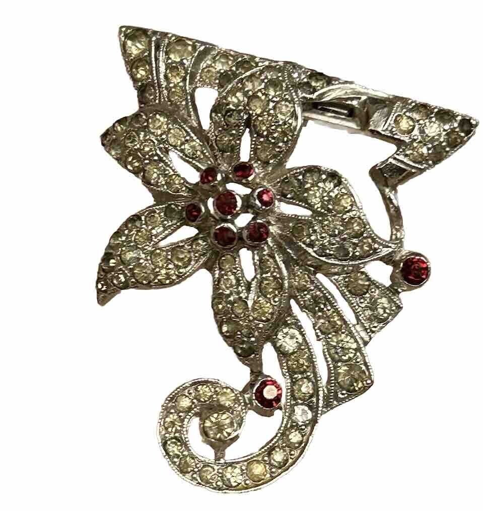 Vintage Trifari Red Rhinestone Flower Dress Fur Clip Brooch 1930s KTF - Vintage Jewelry Collective