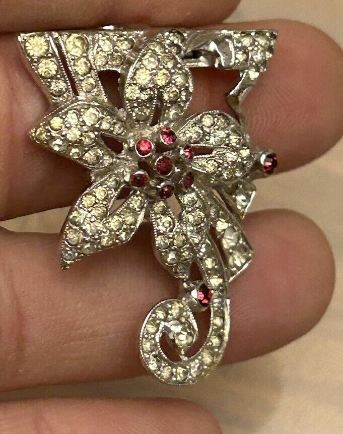 Vintage Trifari Red Rhinestone Flower Dress Fur Clip Brooch 1930s KTF - Vintage Jewelry Collective