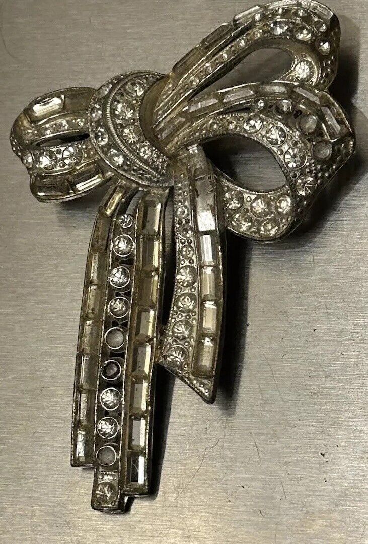 Vintage Paste Rhinestone Bow Pin Brooch Figural 1930s Large - Vintage Jewelry Collective