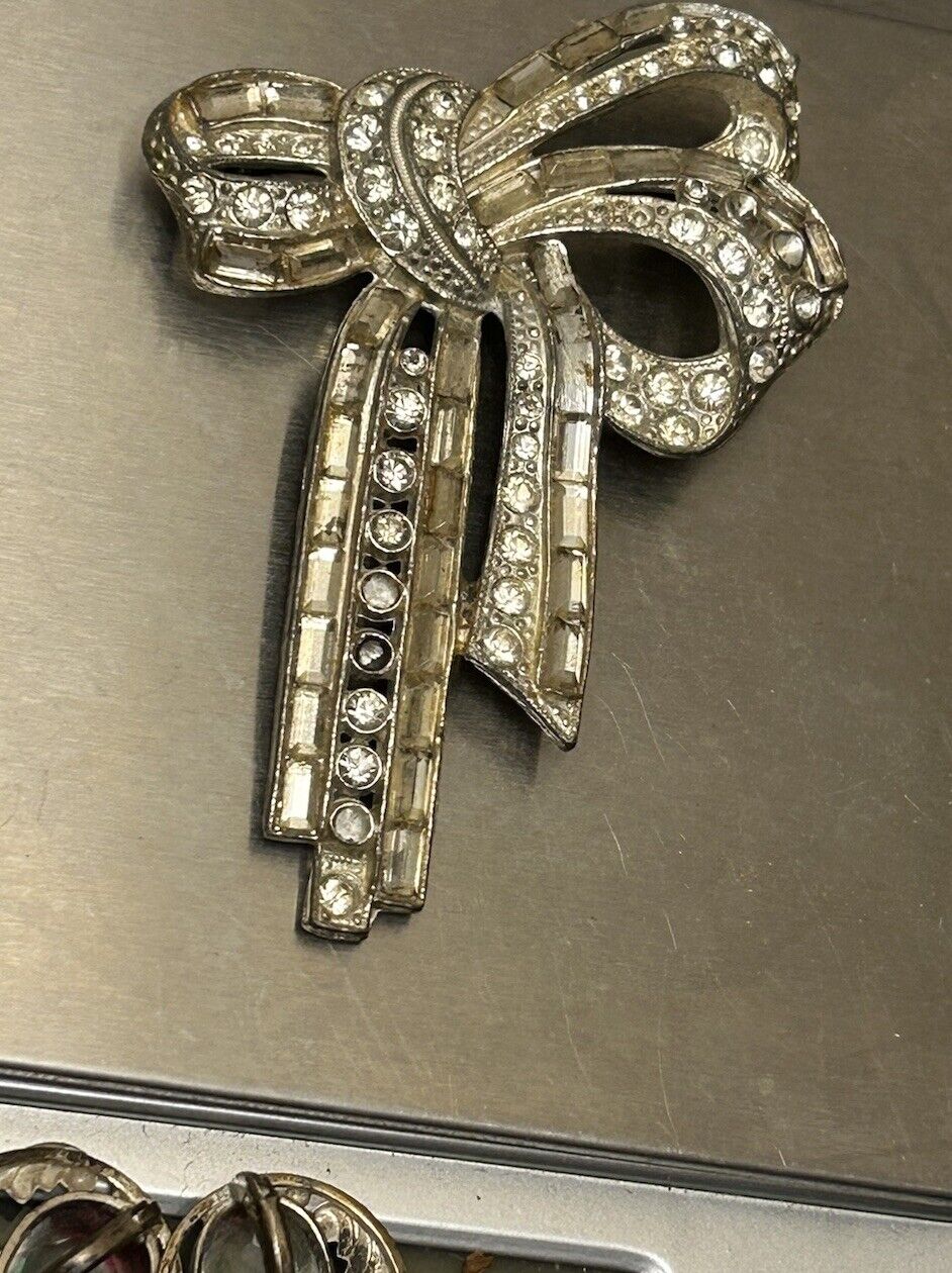 Vintage Paste Rhinestone Bow Pin Brooch Figural 1930s Large - Vintage Jewelry Collective