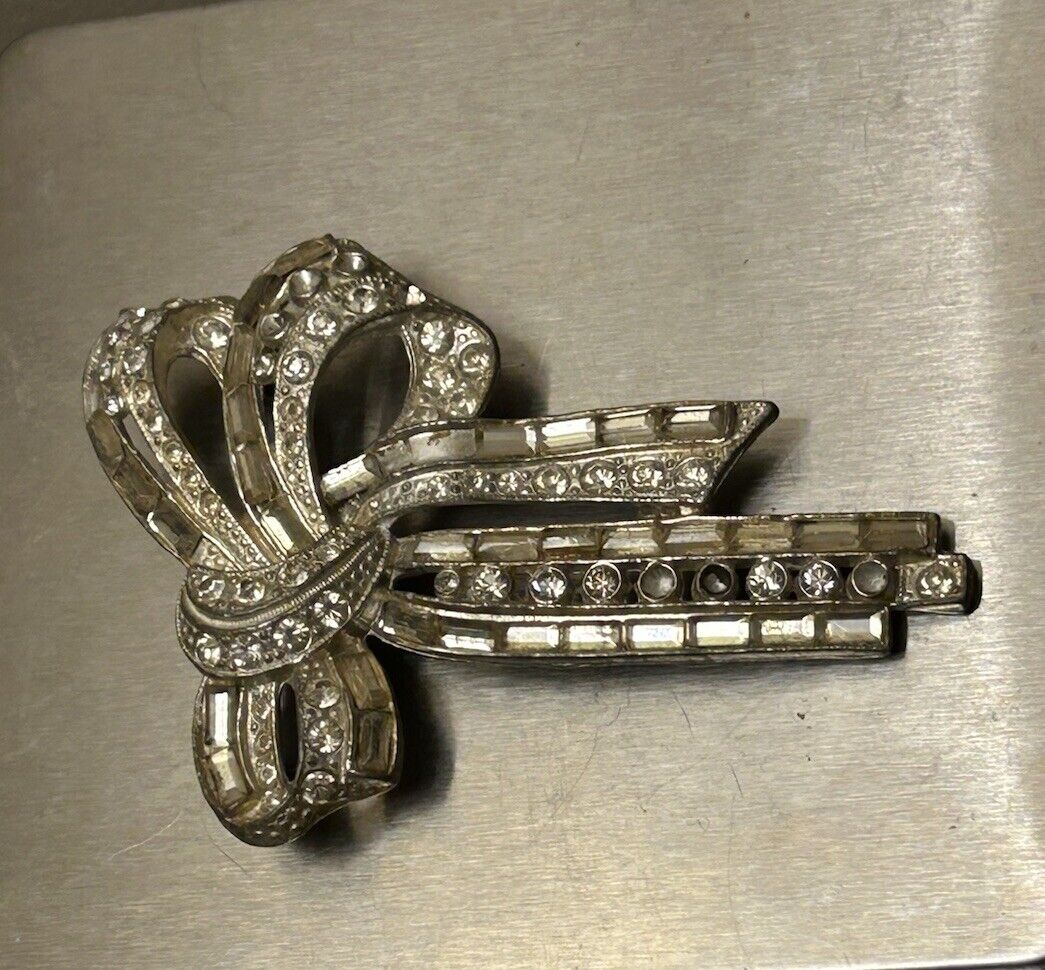 Vintage Paste Rhinestone Bow Pin Brooch Figural 1930s Large - Vintage Jewelry Collective