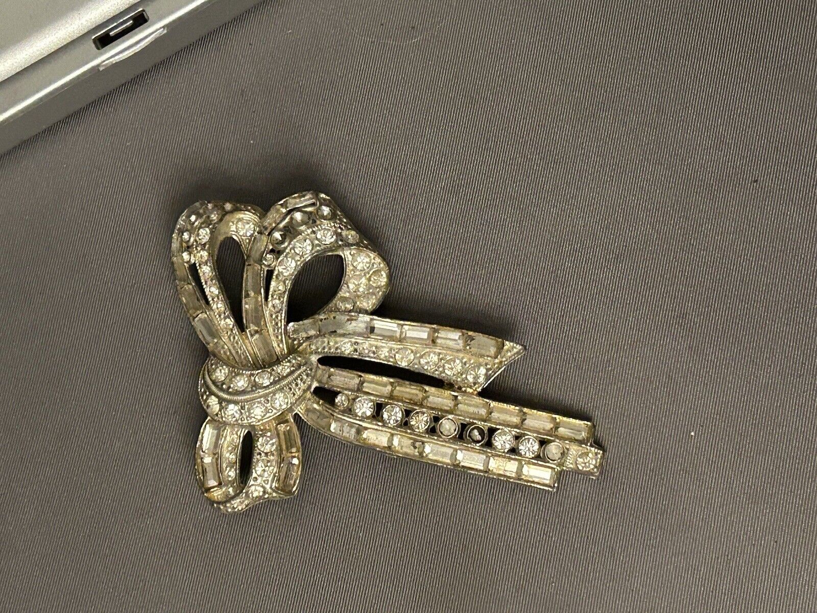 Vintage Paste Rhinestone Bow Pin Brooch Figural 1930s Large - Vintage Jewelry Collective