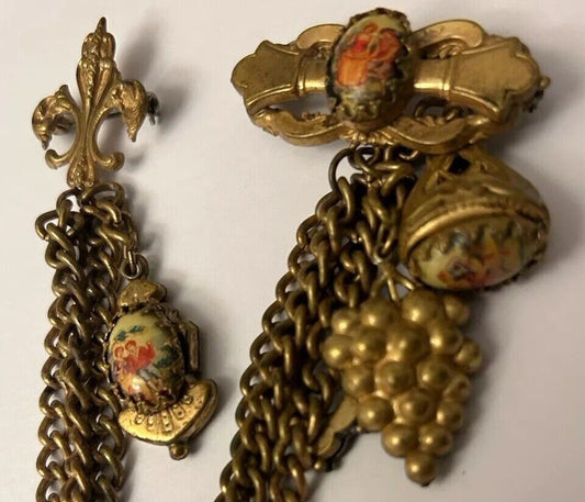 Vintage Karu Fifth Avenue Brooch  Pin Victorian Revival Chatelaine Dangles - Vintage Jewelry Collective