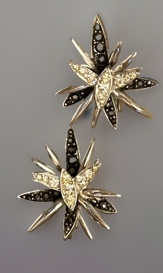 Vintage Black & Clear Rhinestone Earrings Sputnik Bug Flower Boucher Clip On - Vintage Jewelry Collective