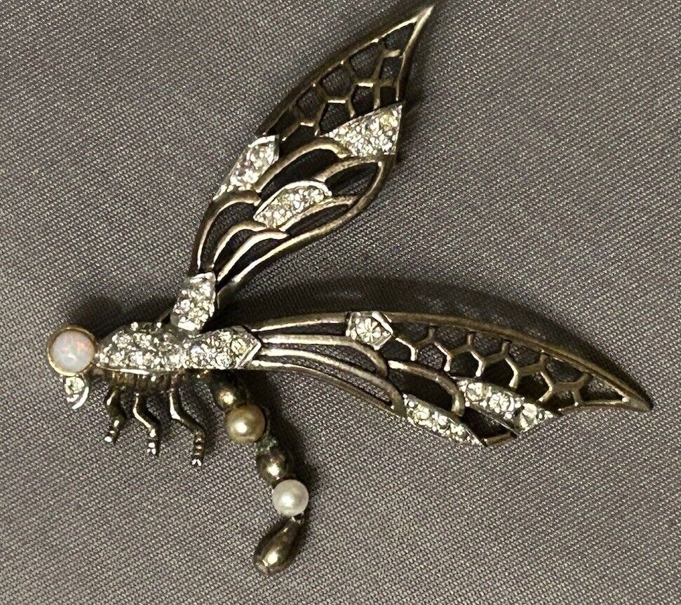 Vintage Rhinestone Marcel Boucher Brooch Dragon Fly Pin  Figural Insect 1940s - Vintage Jewelry Collective