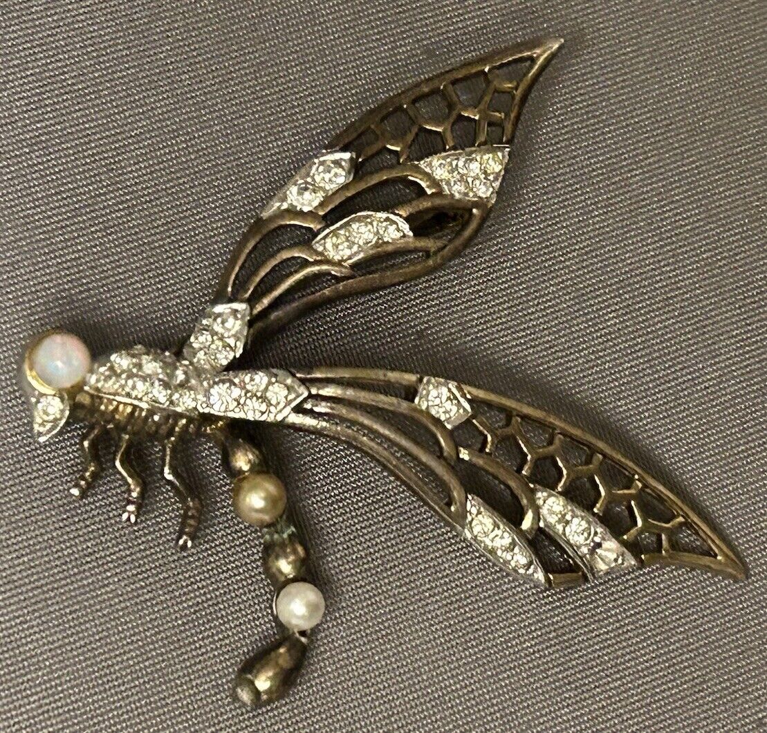 Vintage Rhinestone Marcel Boucher Brooch Dragon Fly Pin  Figural Insect 1940s - Vintage Jewelry Collective