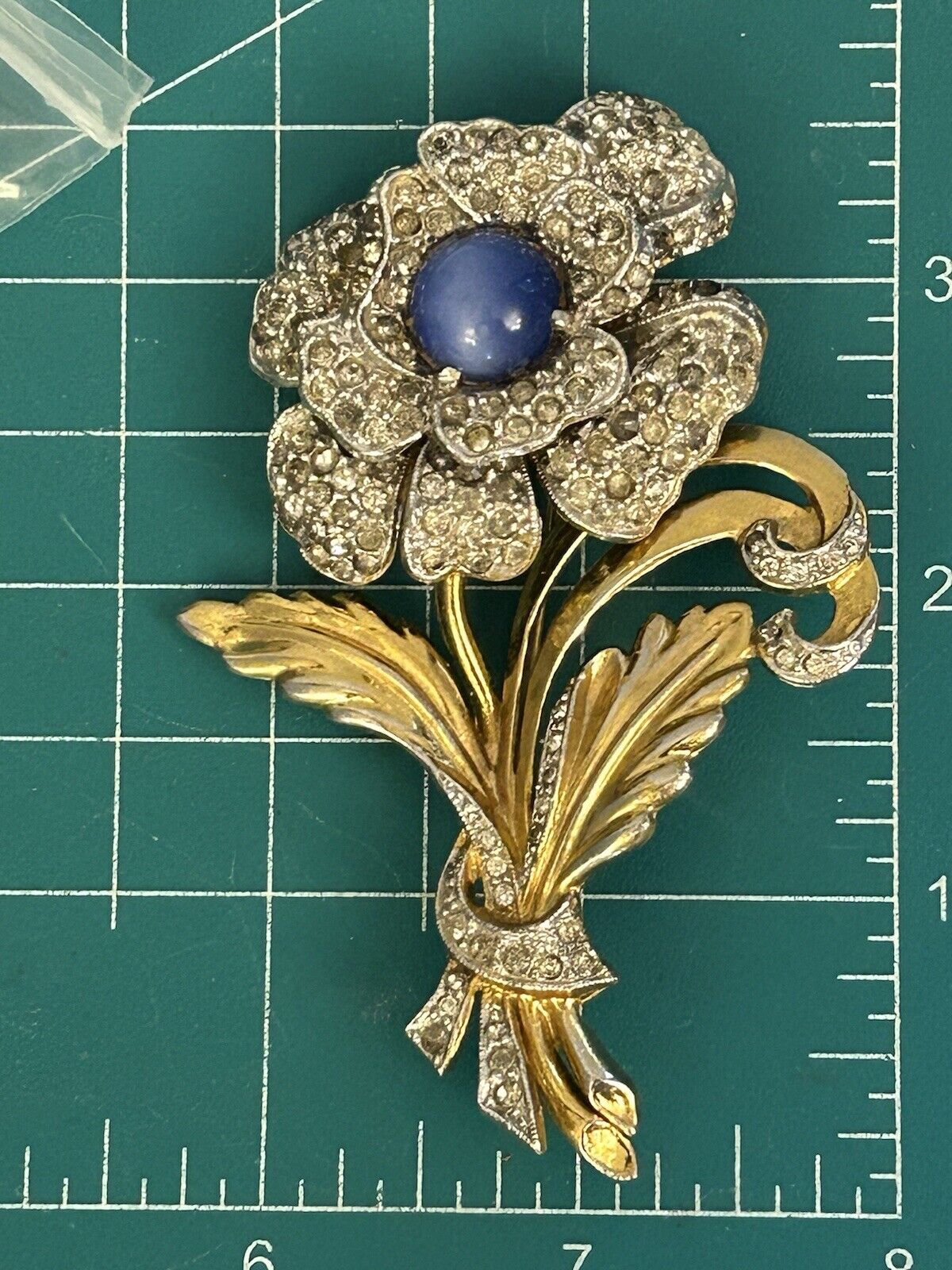 Vintage Rhinestone Flower Huge 3.5” 3-D Figural 1940’s Clear & Blue Cabochon - Vintage Jewelry Collective