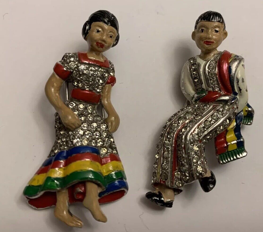 VTG Rhinestone Mexican Couple Dancers Fur Clips Brooch Pin Set 1938-42 Figural - Vintage Jewelry Collective