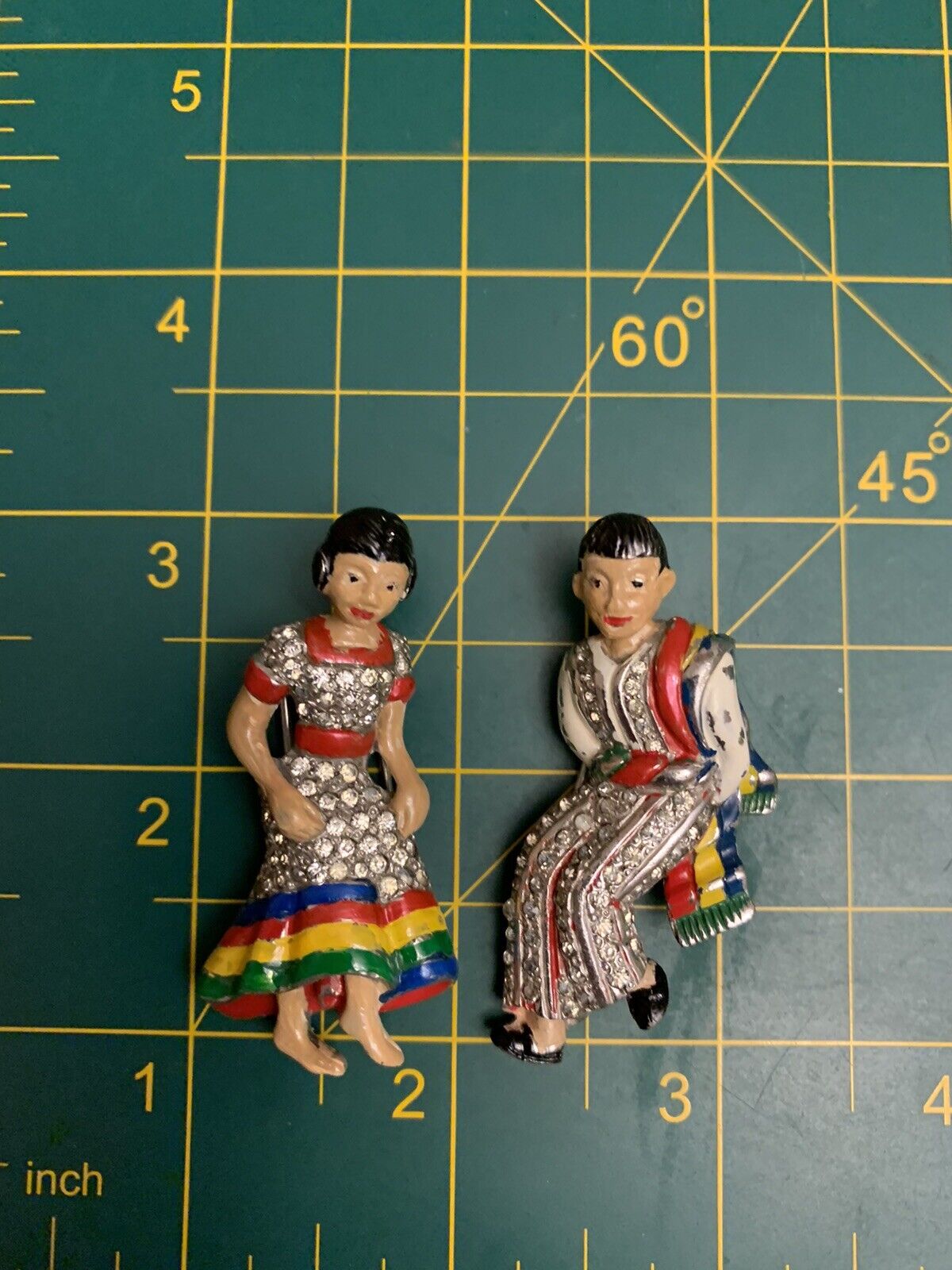 VTG Rhinestone Mexican Couple Dancers Fur Clips Brooch Pin Set 1938-42 Figural - Vintage Jewelry Collective