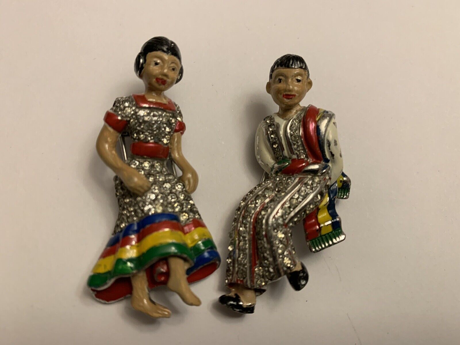 VTG Rhinestone Mexican Couple Dancers Fur Clips Brooch Pin Set 1938-42 Figural - Vintage Jewelry Collective