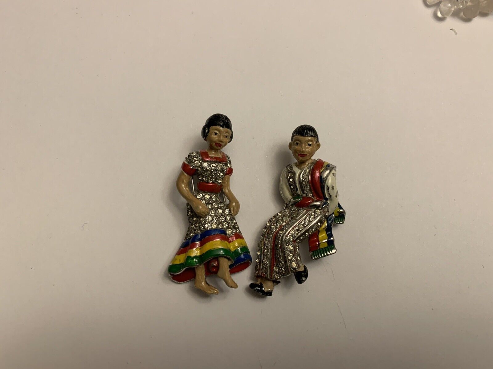 VTG Rhinestone Mexican Couple Dancers Fur Clips Brooch Pin Set 1938-42 Figural - Vintage Jewelry Collective