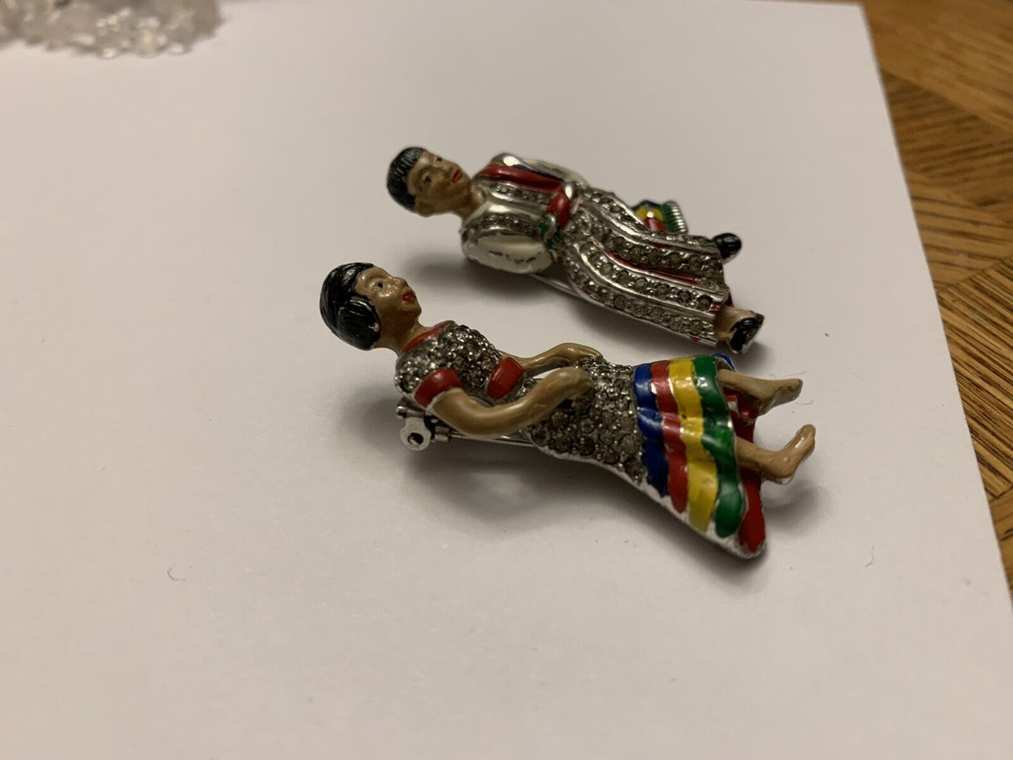 VTG Rhinestone Mexican Couple Dancers Fur Clips Brooch Pin Set 1938-42 Figural - Vintage Jewelry Collective