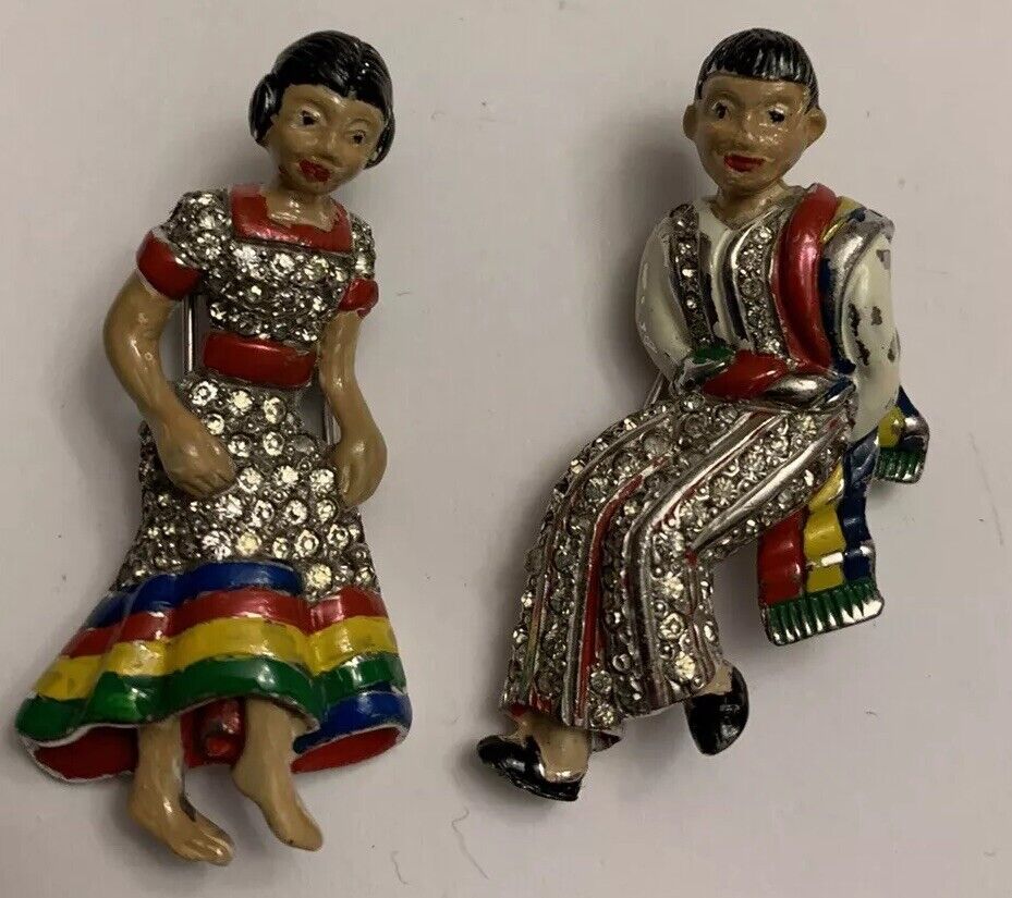 VTG Rhinestone Mexican Couple Dancers Fur Clips Brooch Pin Set 1938-42 Figural - Vintage Jewelry Collective