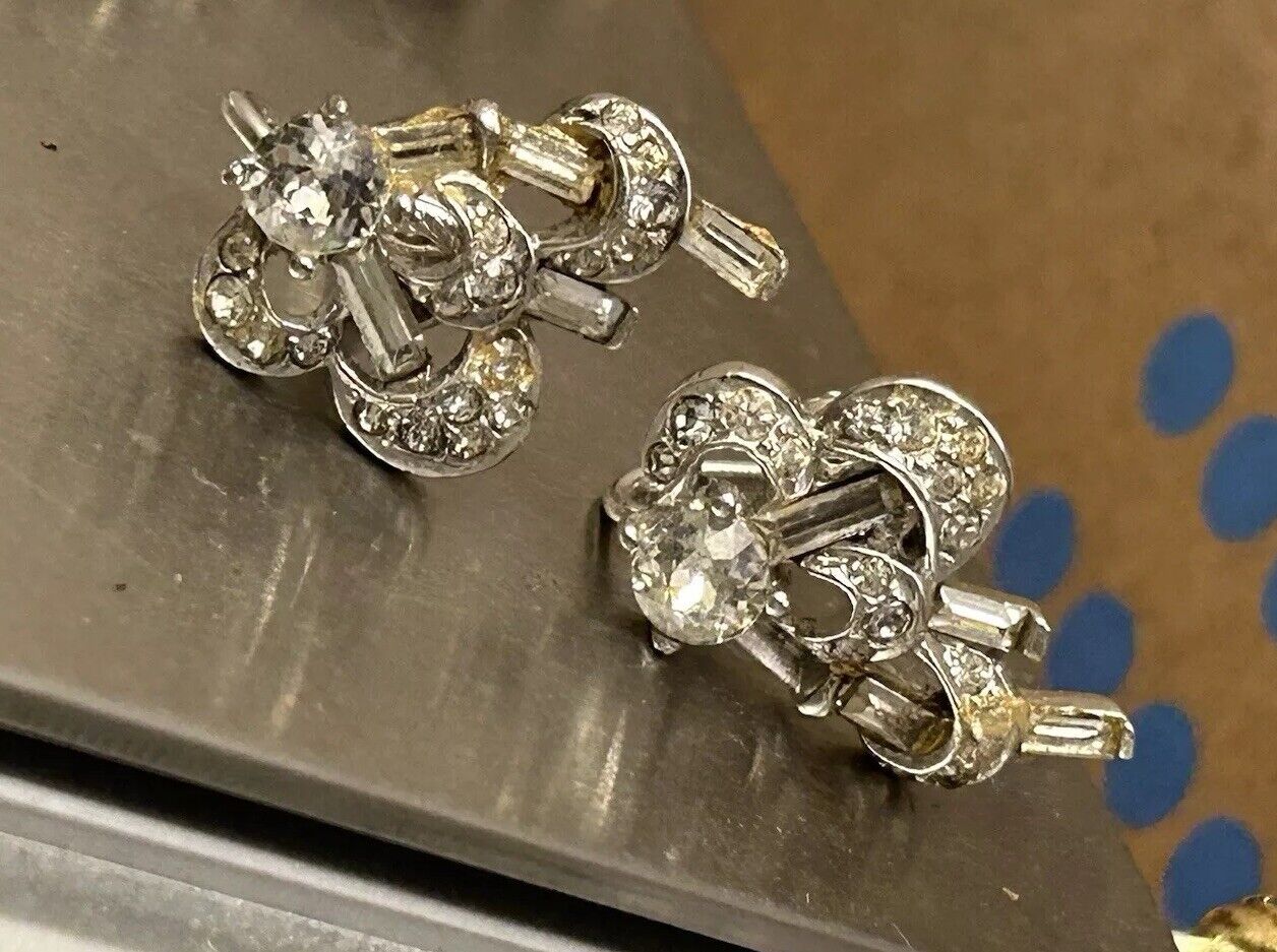 Vintage Boucher Phrygian Cap Clear Rhinestone Earrings  Flower Screw Back - Vintage Jewelry Collective