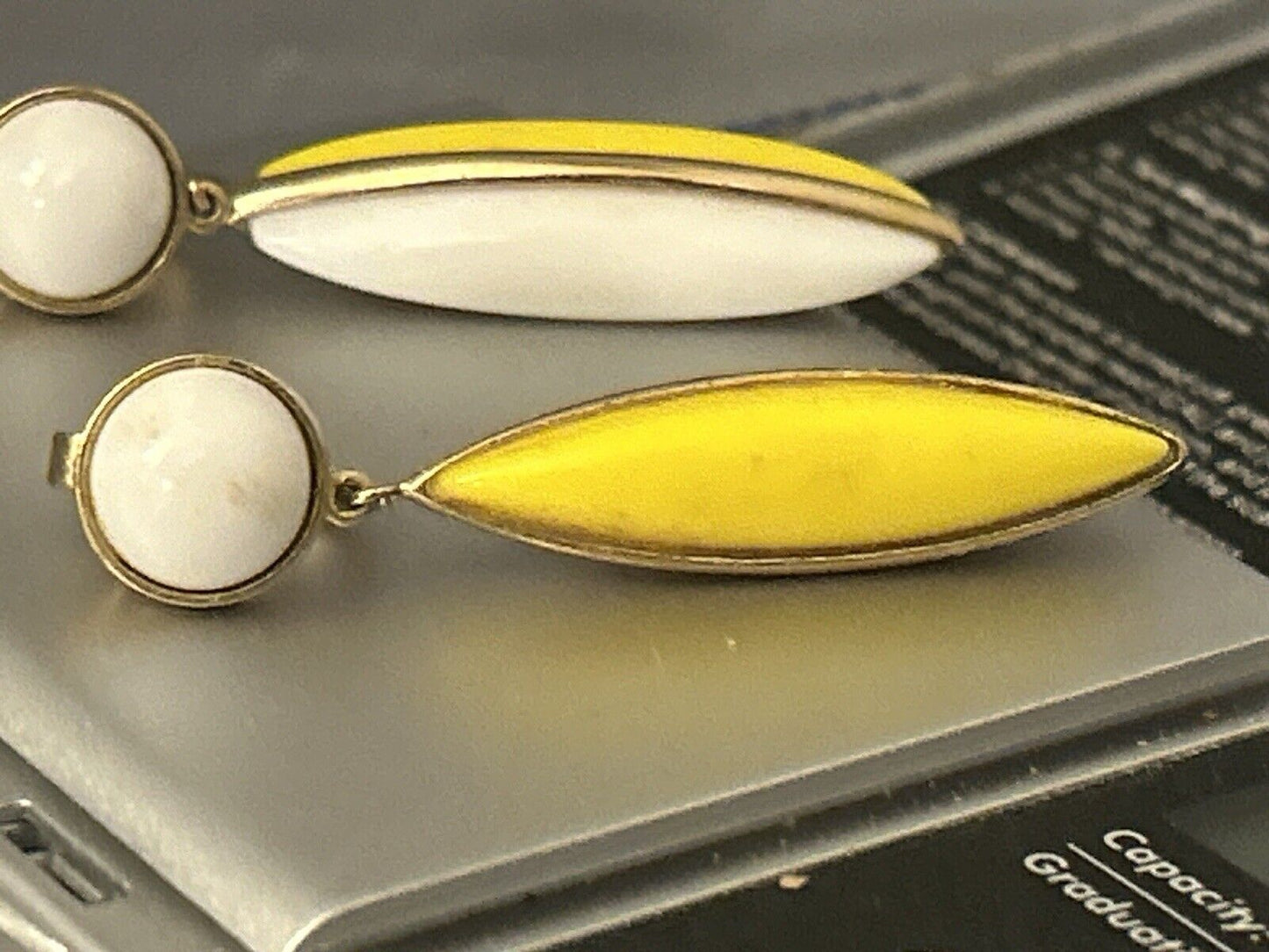 Vintage Trifari Earrings Lucite 1960s 2” Bright Yellow & White Drop Dangles MOD - Vintage Jewelry Collective