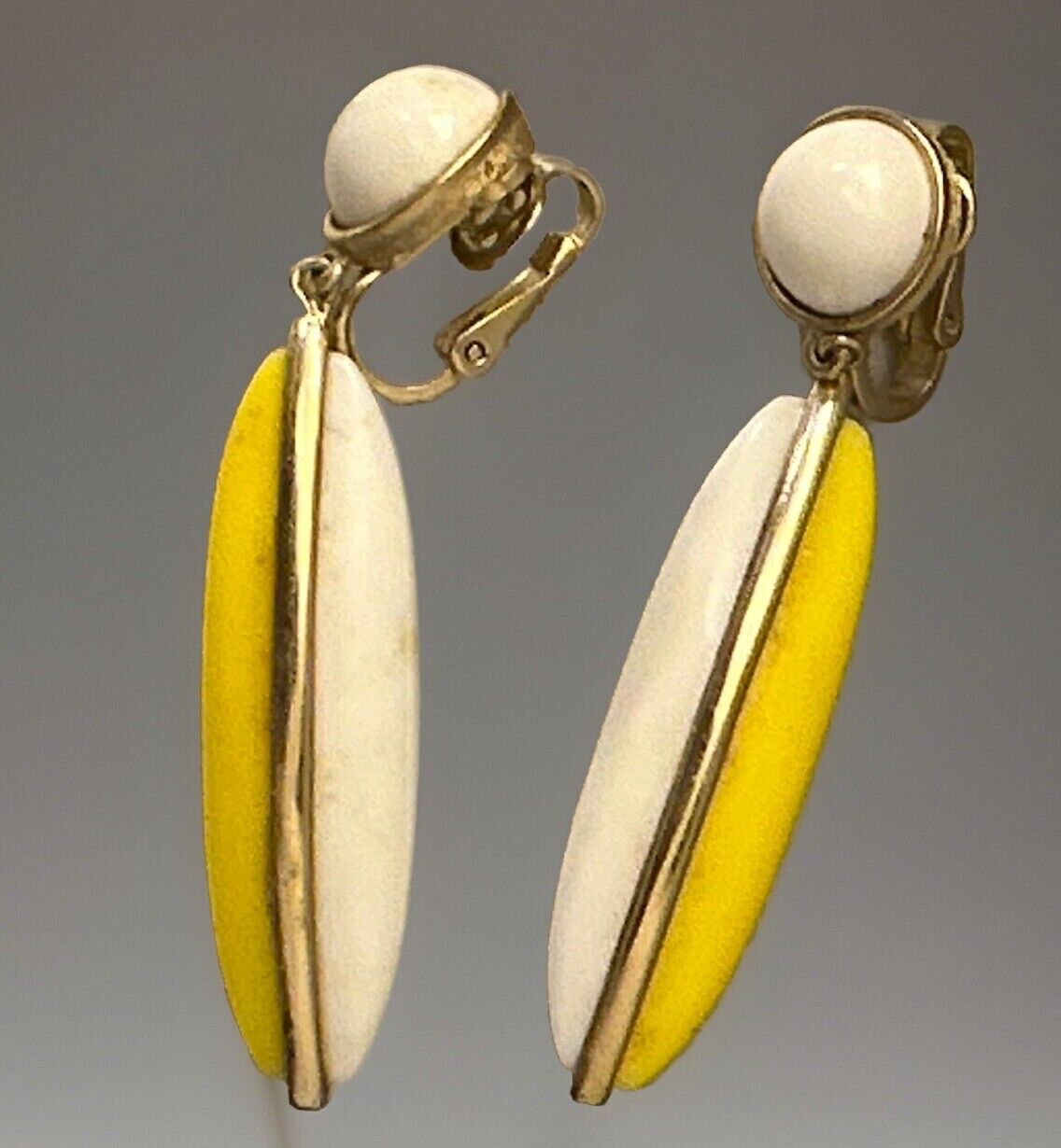 Vintage Trifari Earrings Lucite 1960s 2” Bright Yellow & White Drop Dangles MOD - Vintage Jewelry Collective