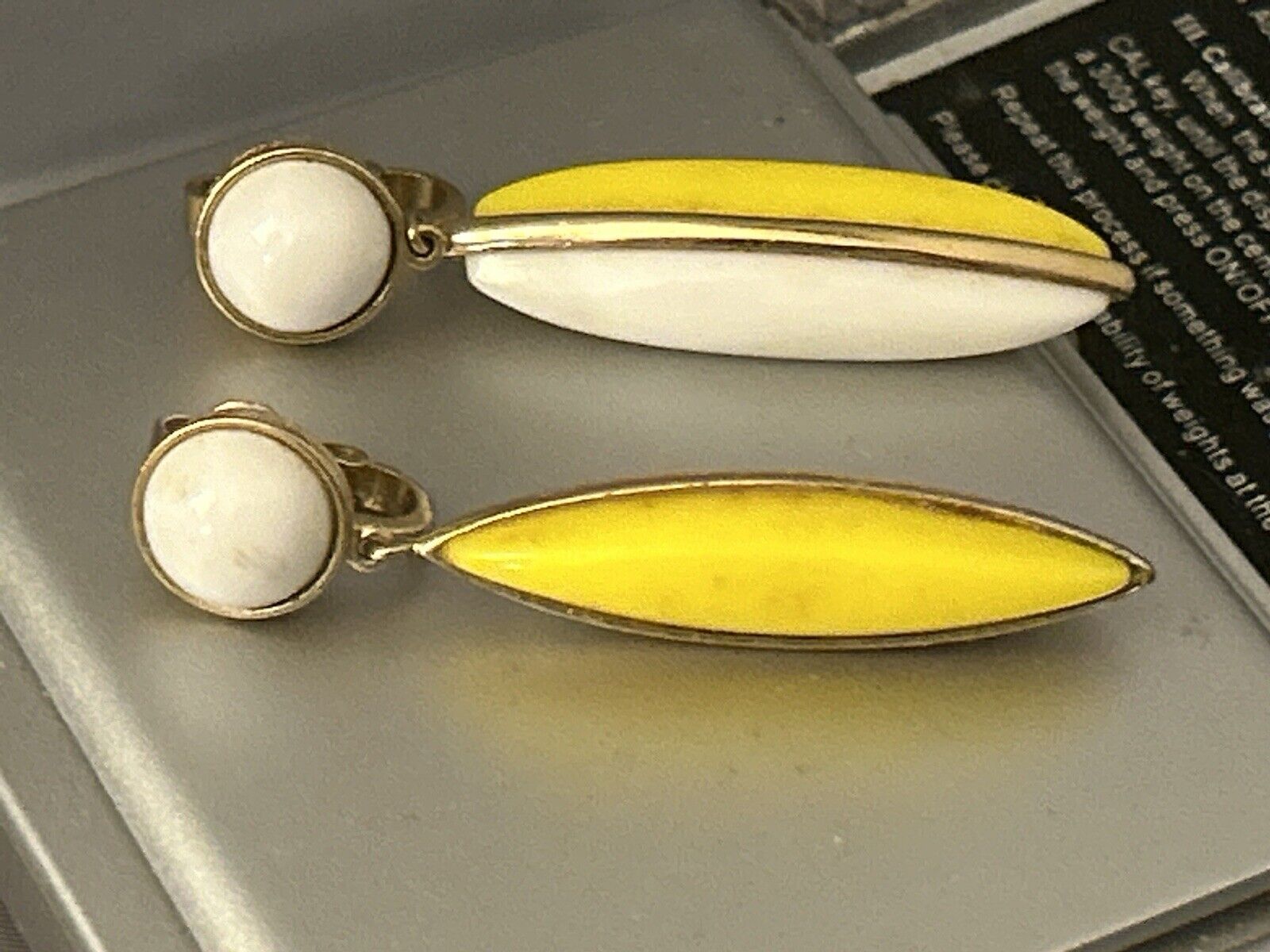 Vintage Trifari Earrings Lucite 1960s 2” Bright Yellow & White Drop Dangles MOD - Vintage Jewelry Collective