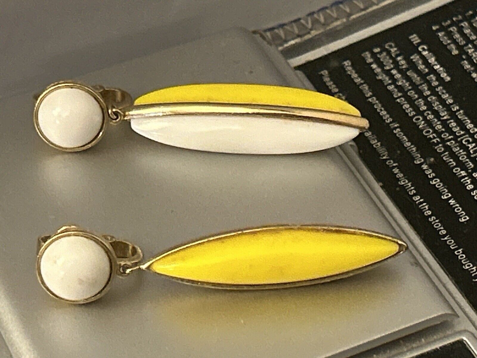 Vintage Trifari Earrings Lucite 1960s 2” Bright Yellow & White Drop Dangles MOD - Vintage Jewelry Collective