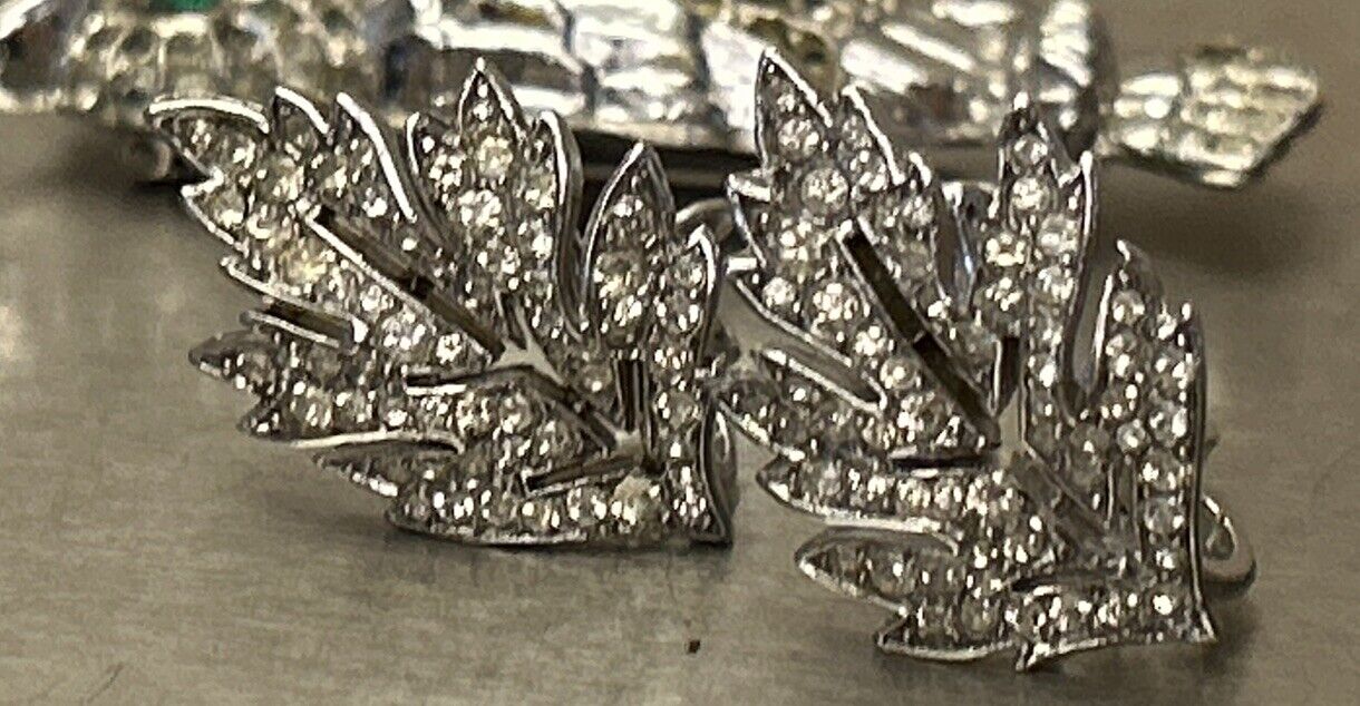 Vintage Trifari Earrings Clear Pave Rhinestone Maple Leaf Open Work - Vintage Jewelry Collective