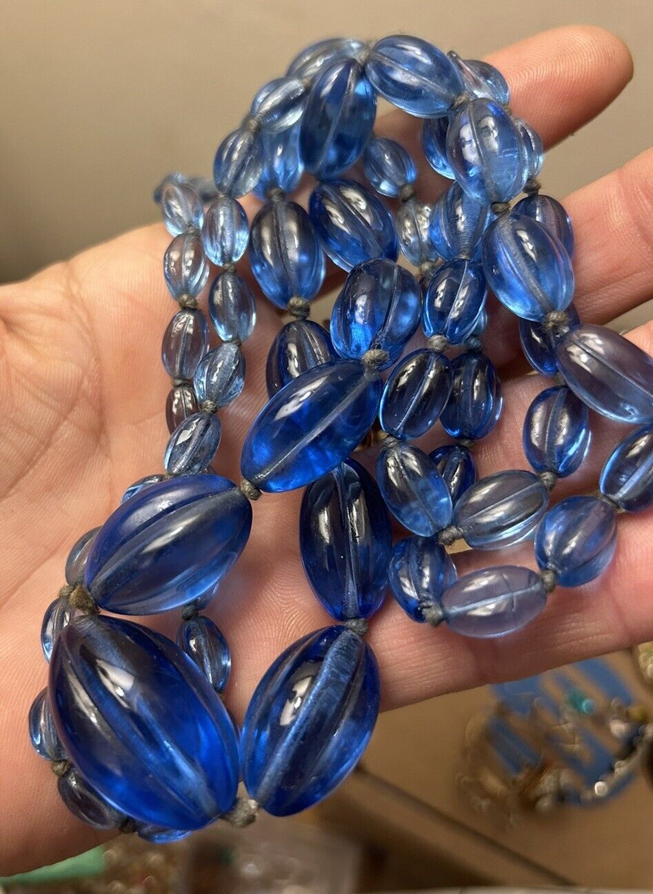 Art Deco Ribbed Glass Gripoix Cobalt Blue Graduated Faceted Beads Maybe French - Vintage Jewelry Collective