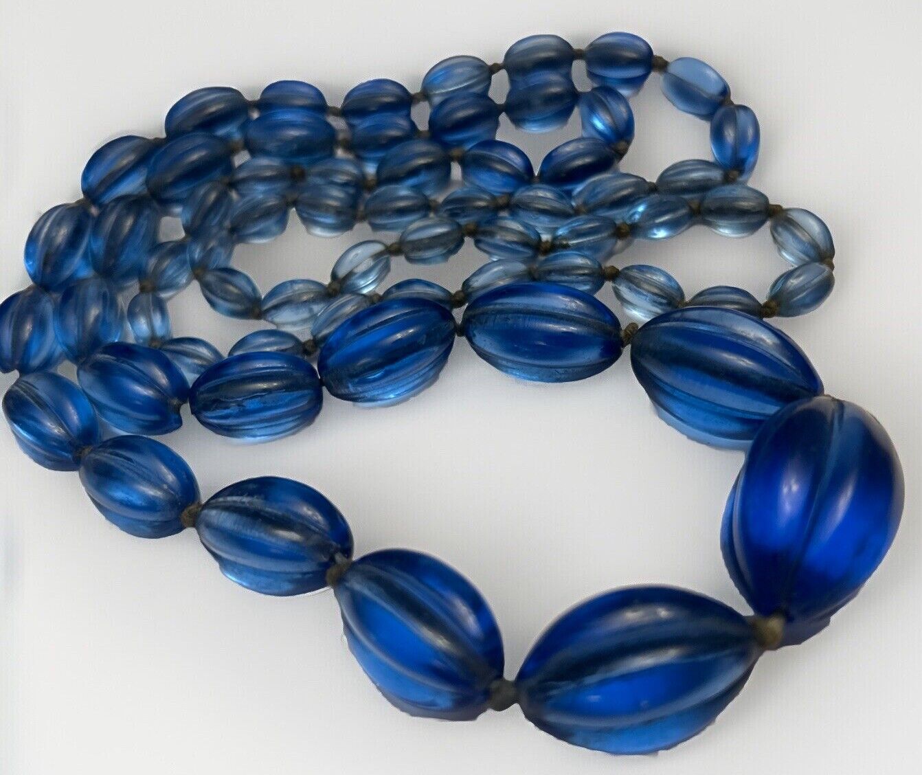 Art Deco Ribbed Glass Gripoix Cobalt Blue Graduated Faceted Beads Maybe French - Vintage Jewelry Collective