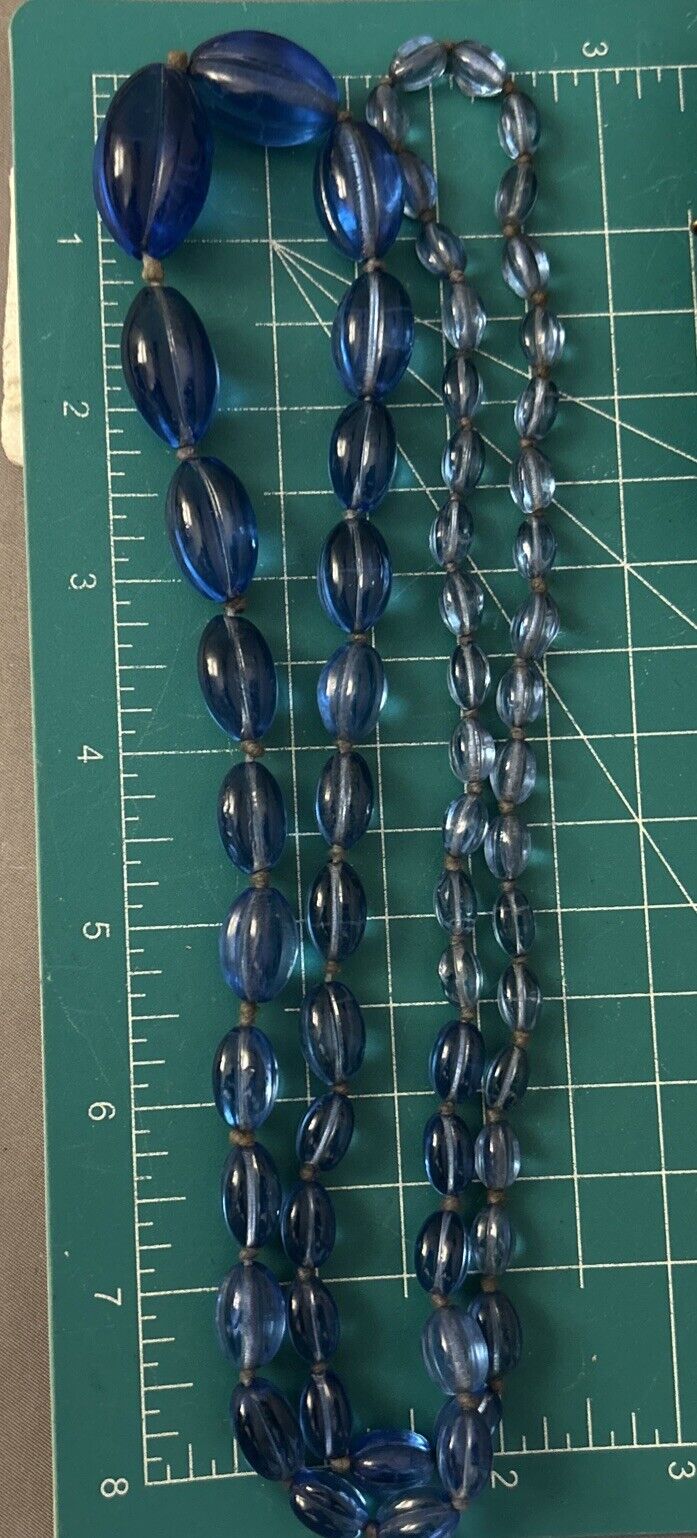 Art Deco Ribbed Glass Gripoix Cobalt Blue Graduated Faceted Beads Maybe French - Vintage Jewelry Collective