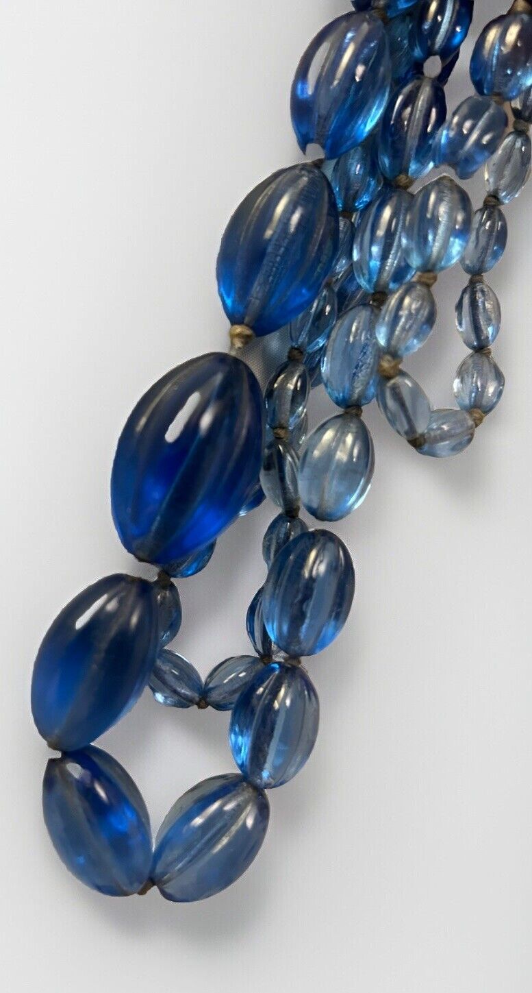 Art Deco Ribbed Glass Gripoix Cobalt Blue Graduated Faceted Beads Maybe French - Vintage Jewelry Collective