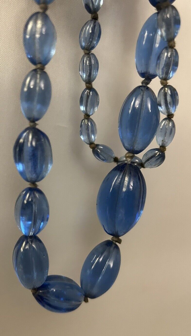 Art Deco Ribbed Glass Gripoix Cobalt Blue Graduated Faceted Beads Maybe French - Vintage Jewelry Collective