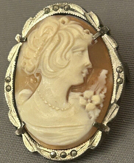 Vintage Cameo Brooch & Necklace Woman Profile Pendant Silver Signed Marcasite - Vintage Jewelry Collective