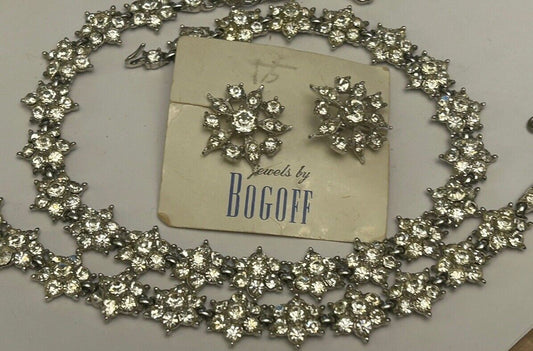 Vintage Bogoff Rhinestones Flower Necklace Bracelet & Earrings Full Parure Set - Vintage Jewelry Collective