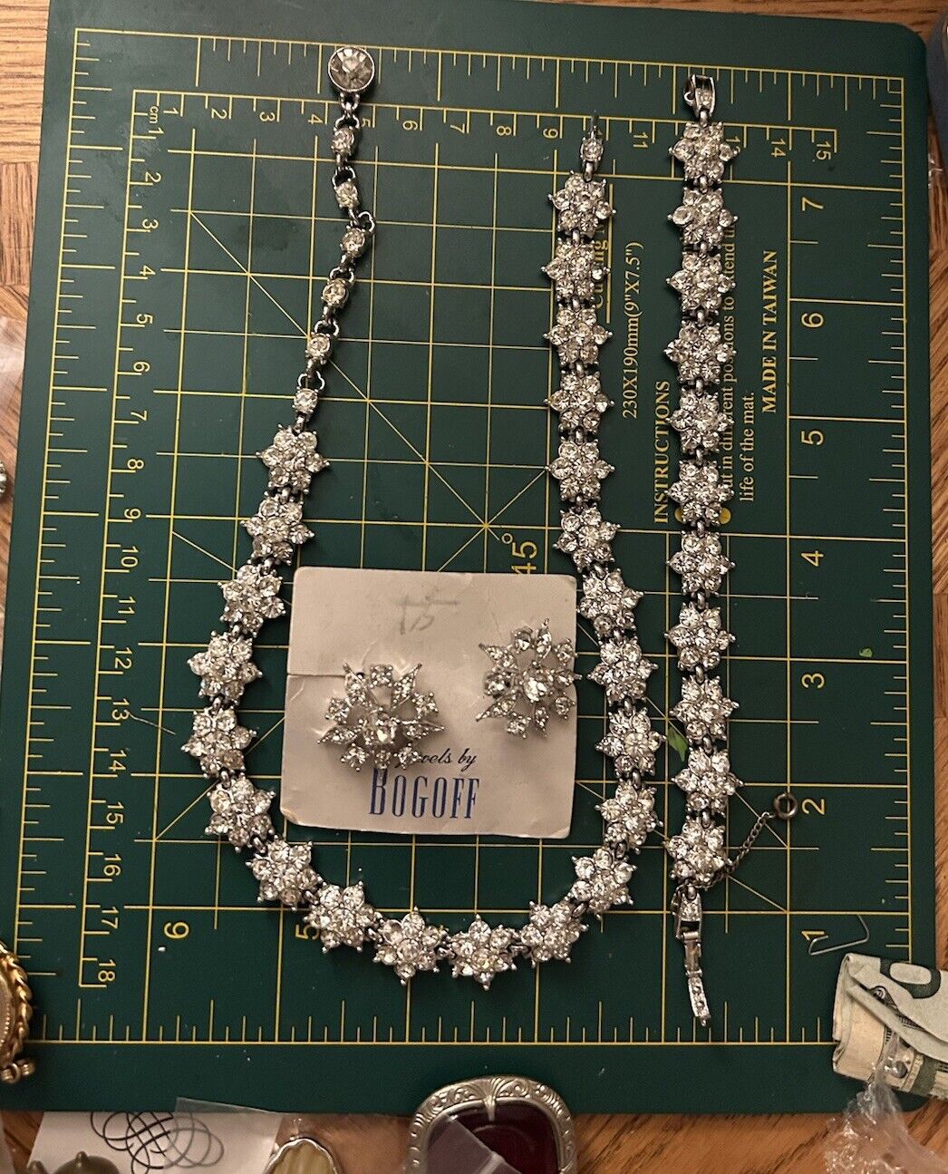 Vintage Bogoff Rhinestones Flower Necklace Bracelet & Earrings Full Parure Set - Vintage Jewelry Collective