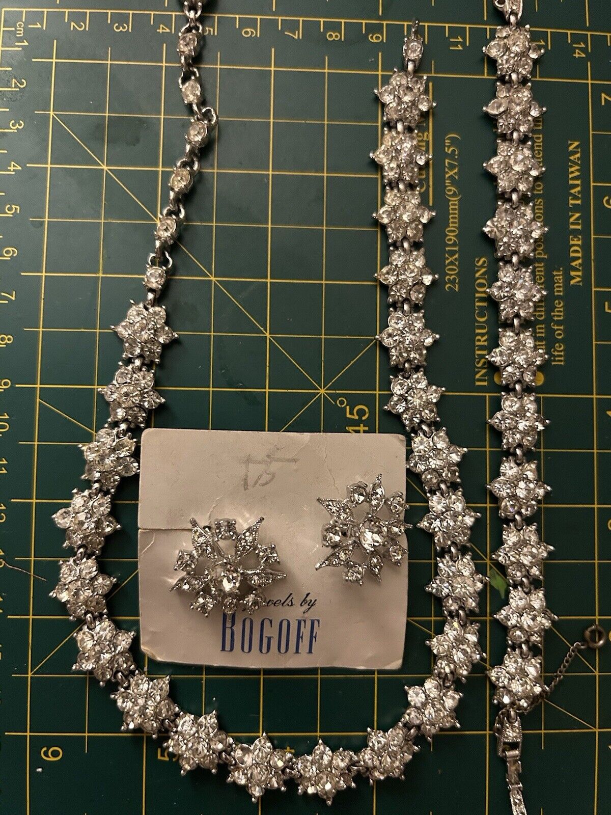 Vintage Bogoff Rhinestones Flower Necklace Bracelet & Earrings Full Parure Set - Vintage Jewelry Collective