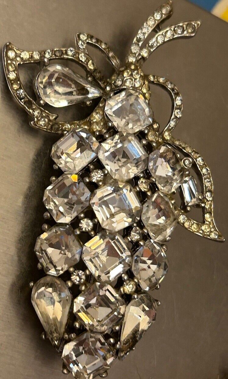 Vintage Rhinestone Flower Brooch Ornate Large Unsigned Reja Clear Ice - Vintage Jewelry Collective