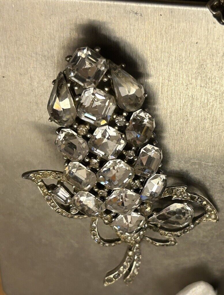 Vintage Rhinestone Flower Brooch Ornate Large Unsigned Reja Clear Ice - Vintage Jewelry Collective