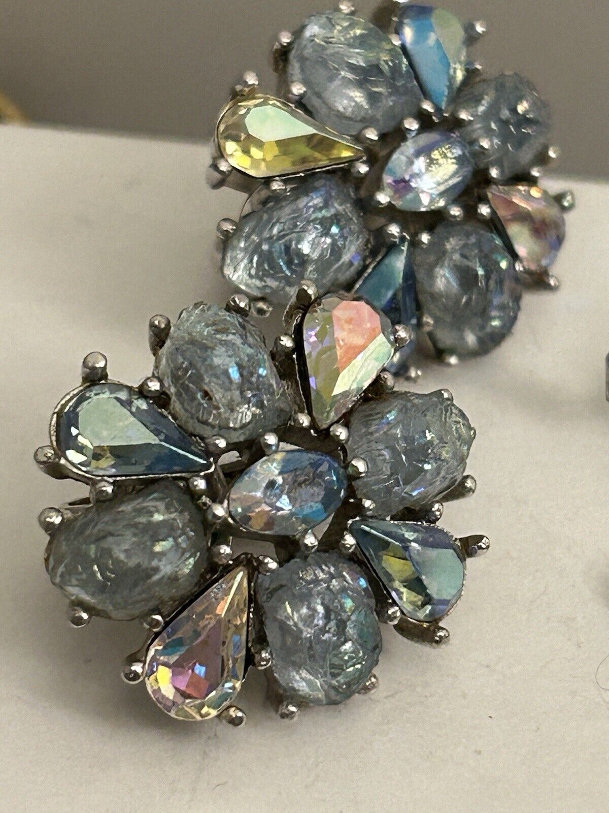 Crown Trifari "Etoile" Earrings Blue Aurora Borealis & Lava Rhinestone - Vintage Jewelry Collective