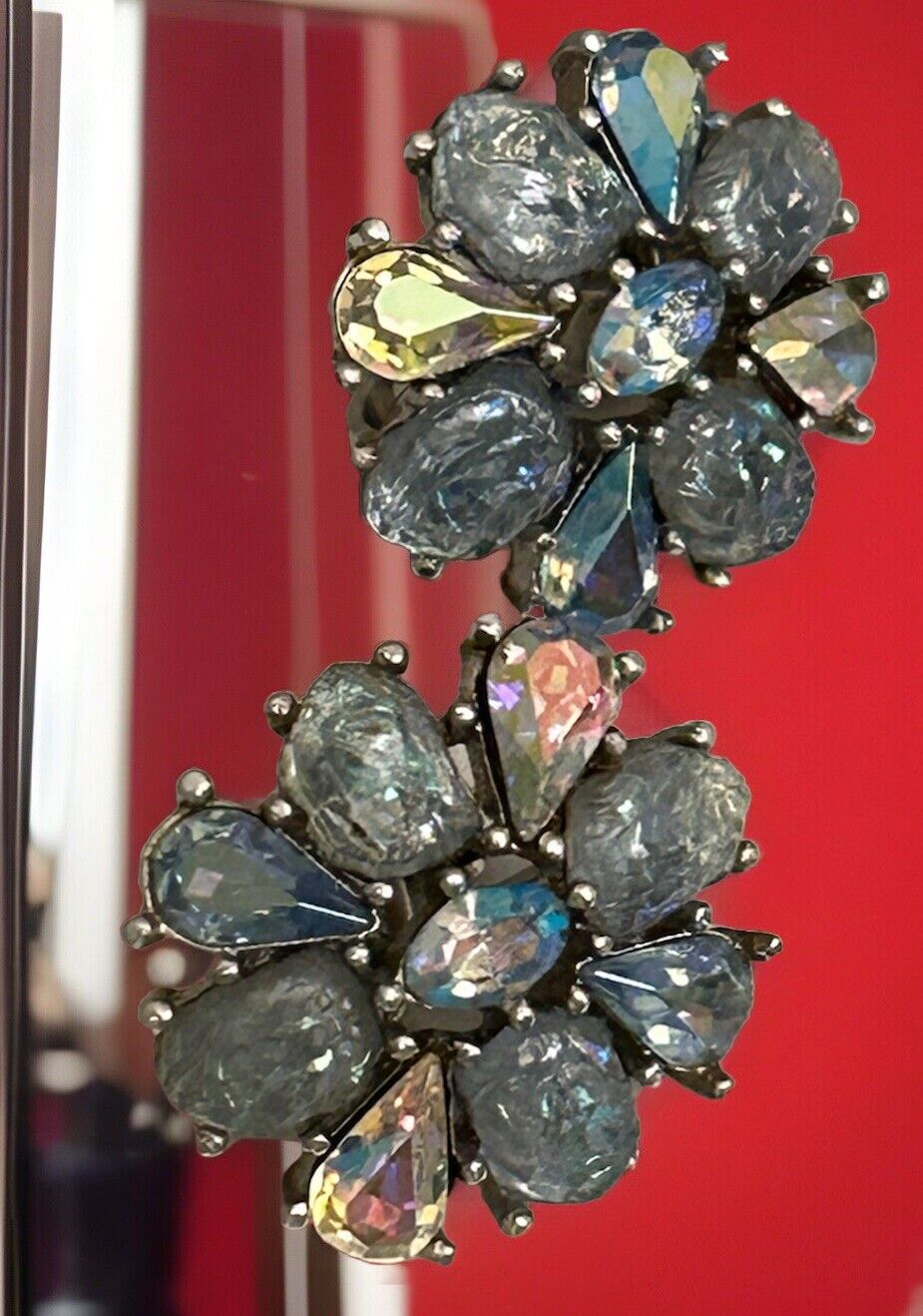 Crown Trifari "Etoile" Earrings Blue Aurora Borealis & Lava Rhinestone - Vintage Jewelry Collective