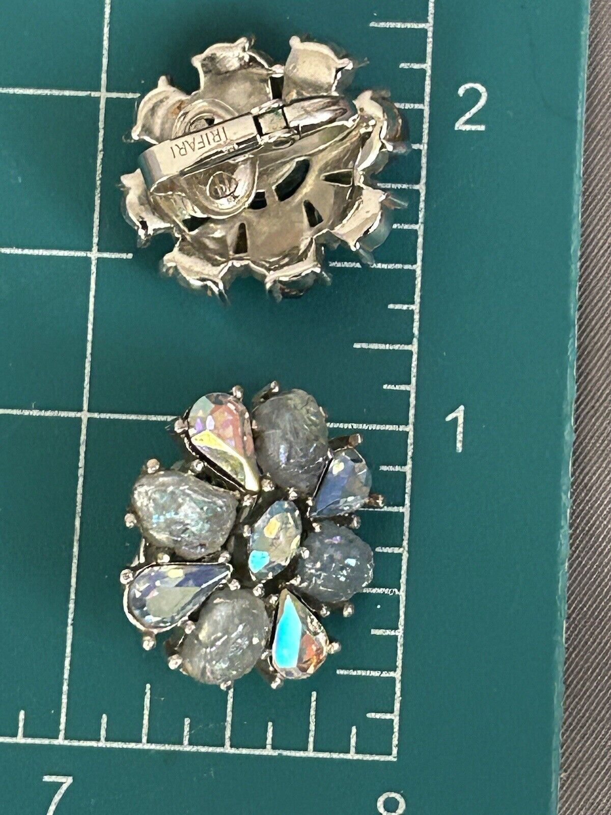 Crown Trifari "Etoile" Earrings Blue Aurora Borealis & Lava Rhinestone - Vintage Jewelry Collective