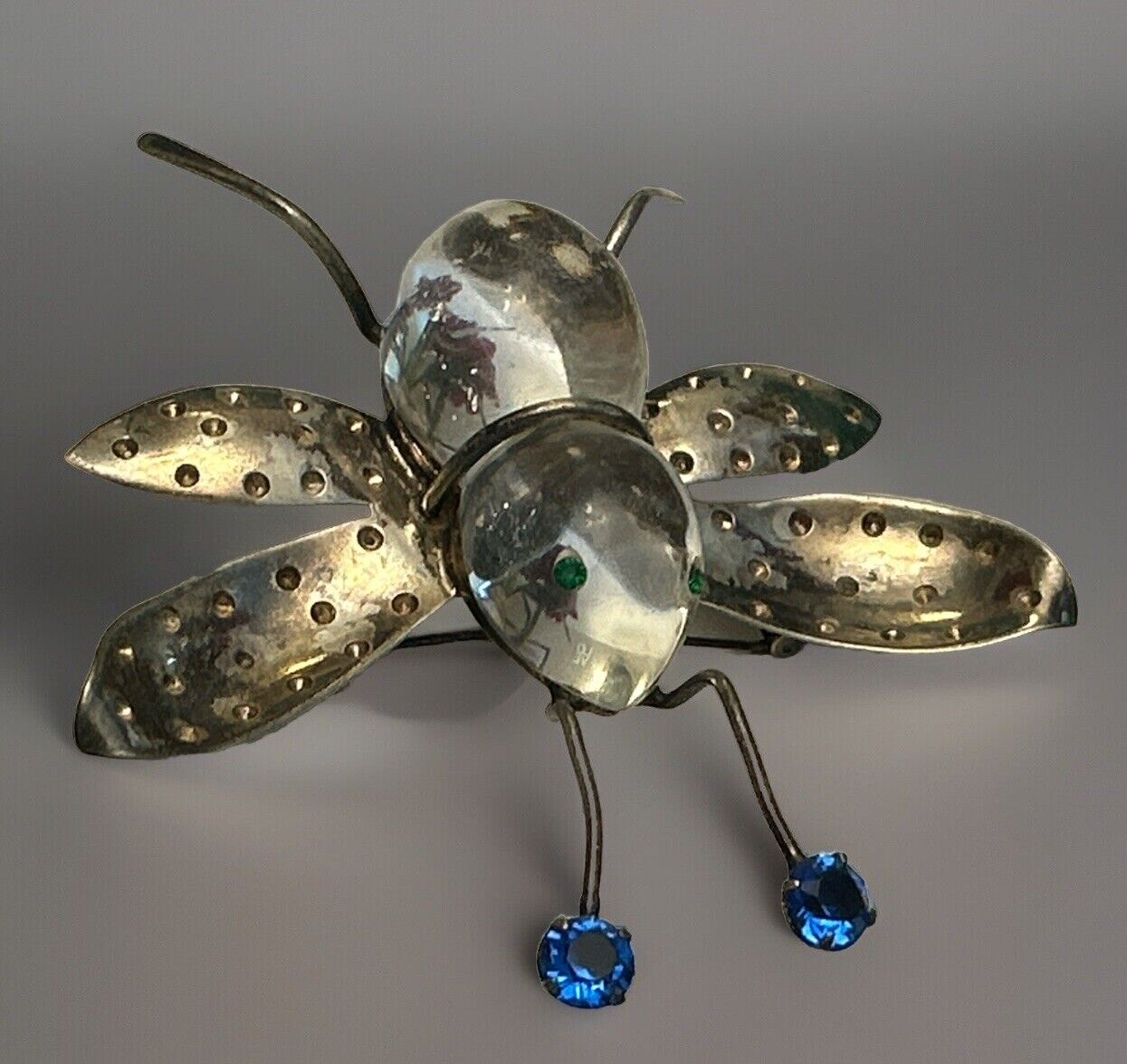 Vintage Lucite Jelly Belly Fly Brooch Pin Bug Figural Sterling Figural Rare 1940 - Vintage Jewelry Collective