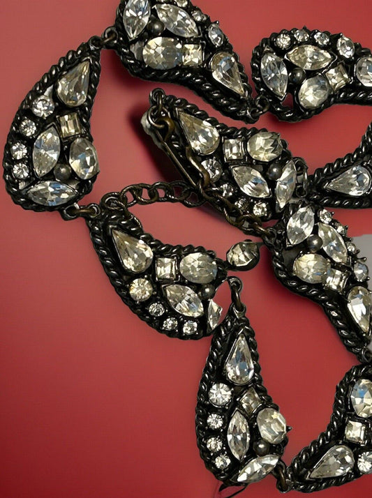 Vintage Hobe Rhinestone Paisley Necklace Unique Sparkling Black Gunmetal Collar - Vintage Jewelry Collective