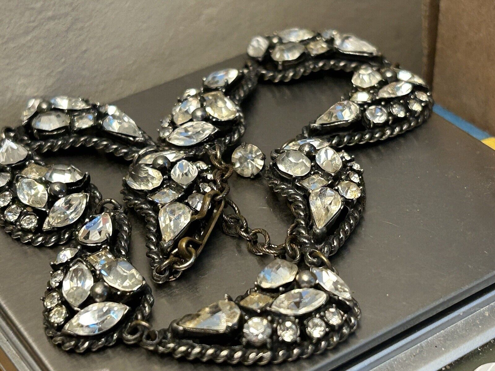 Vintage Hobe Rhinestone Paisley Necklace Unique Sparkling Black Gunmetal Collar - Vintage Jewelry Collective