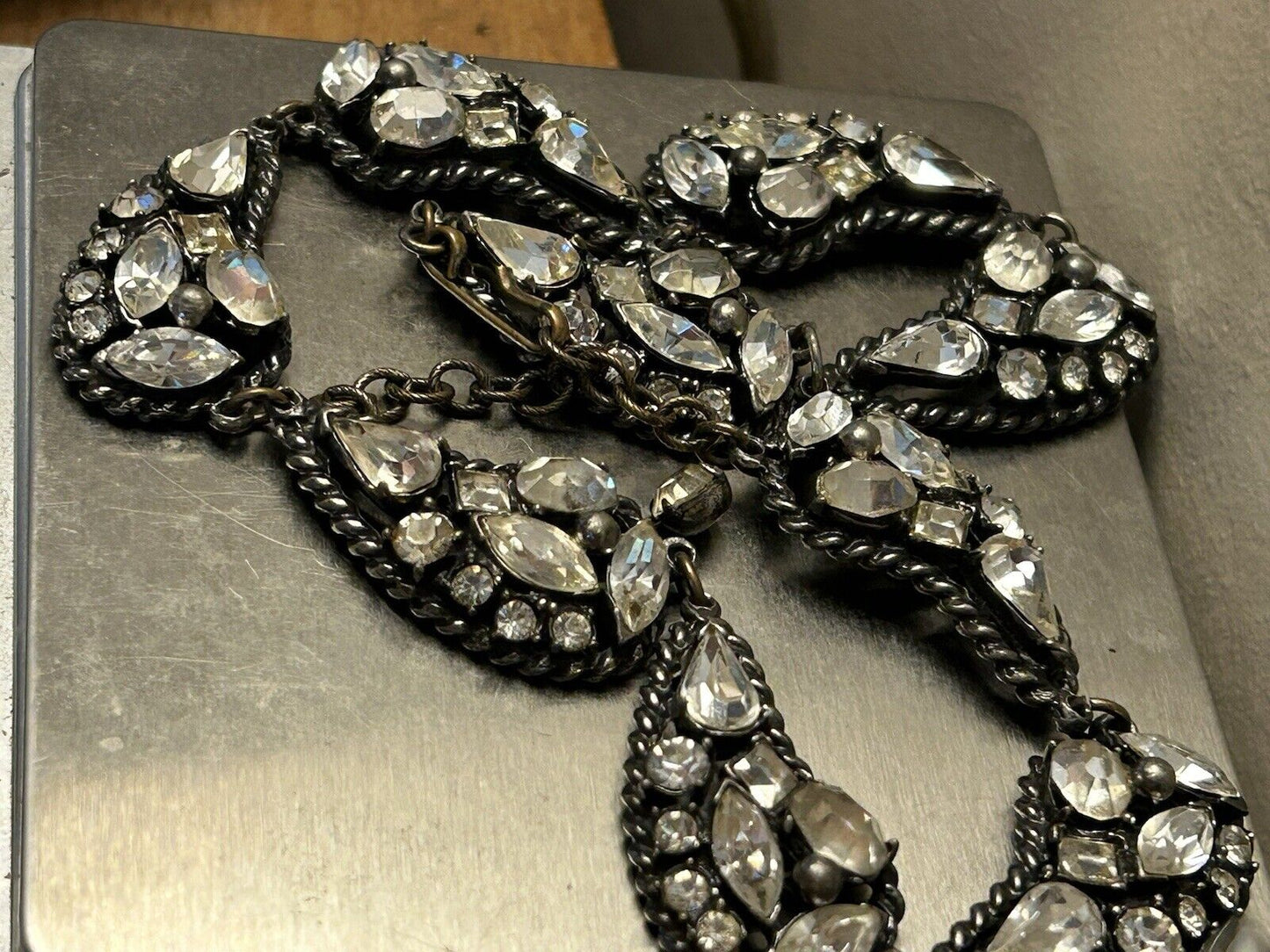 Vintage Hobe Rhinestone Paisley Necklace Unique Sparkling Black Gunmetal Collar - Vintage Jewelry Collective