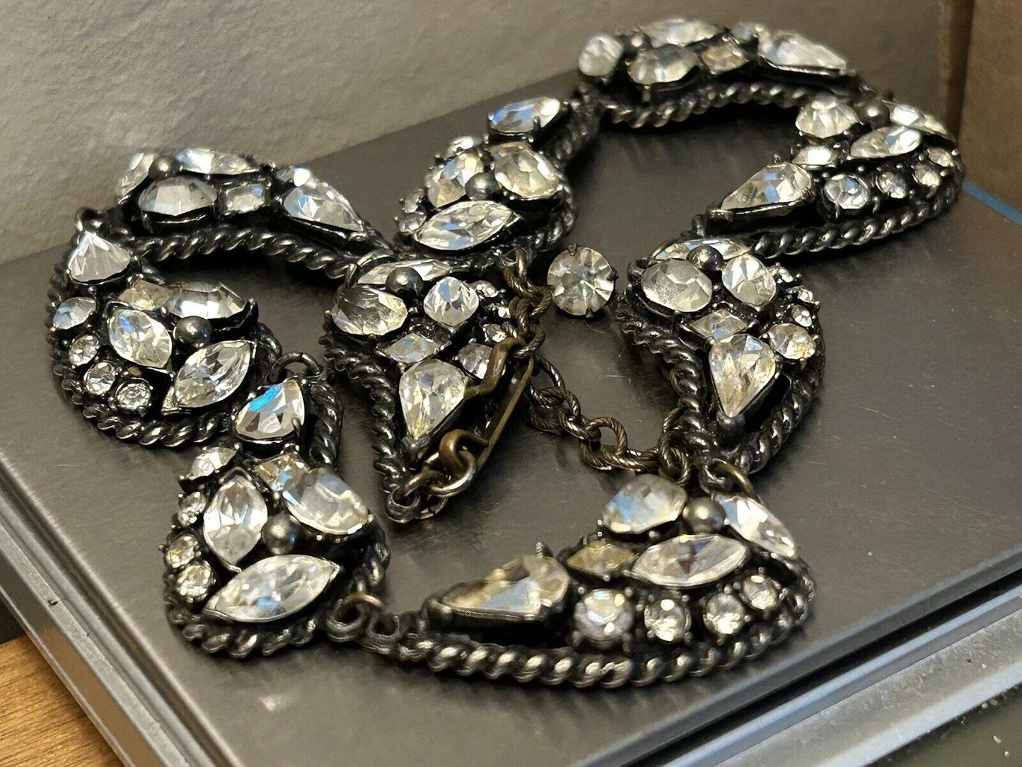 Vintage Hobe Rhinestone Paisley Necklace Unique Sparkling Black Gunmetal Collar - Vintage Jewelry Collective