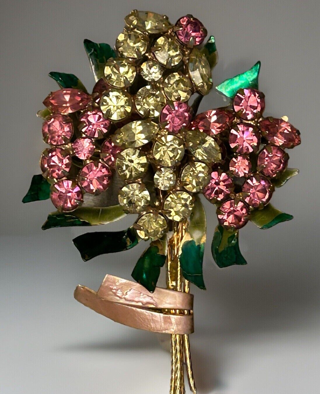 Vintage Vendome Enamel Rhinestone Flower Brooch Huge Crystal Bouquet Pin 3.5”x2” - Vintage Jewelry Collective