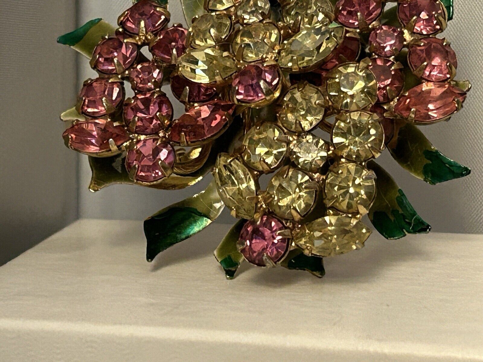 Vintage Vendome Enamel Rhinestone Flower Brooch Huge Crystal Bouquet Pin 3.5”x2” - Vintage Jewelry Collective